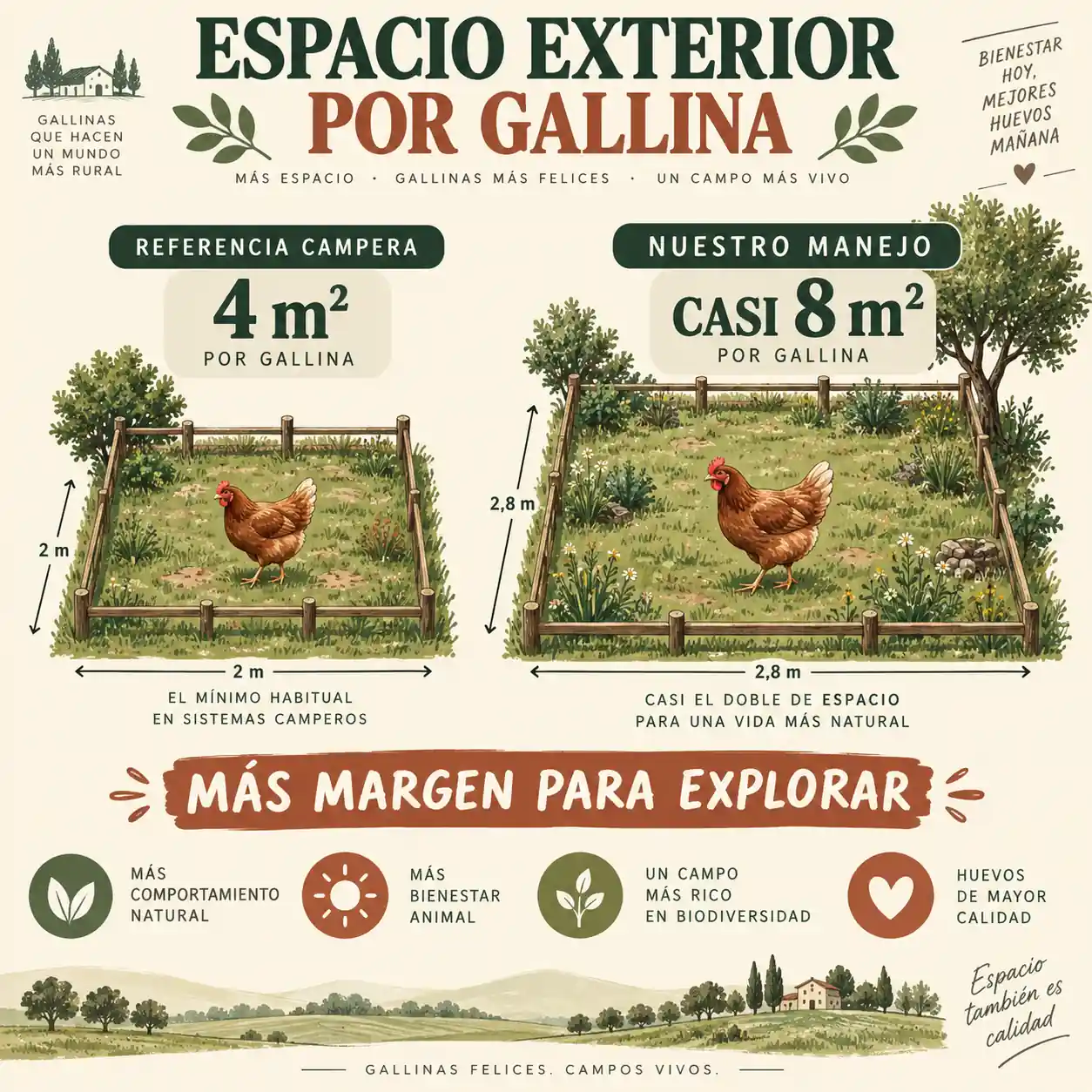 Infografía comparando cuatro y ocho metros cuadrados exteriores por gallina campera