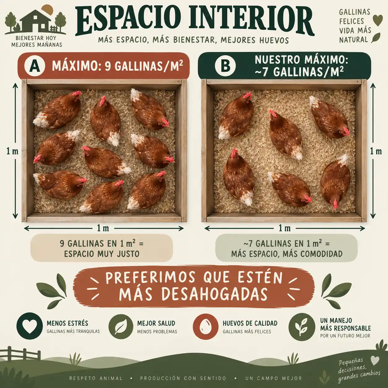 Infografía comparando nueve y siete gallinas por metro cuadrado dentro del gallinero
