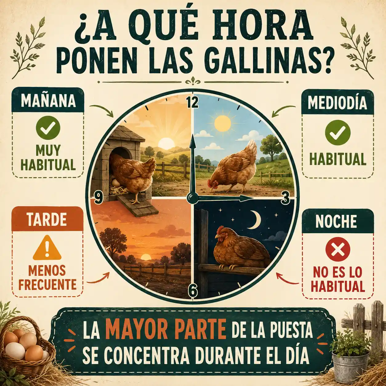 Infografía sobre a qué hora suelen poner huevos las gallinas
