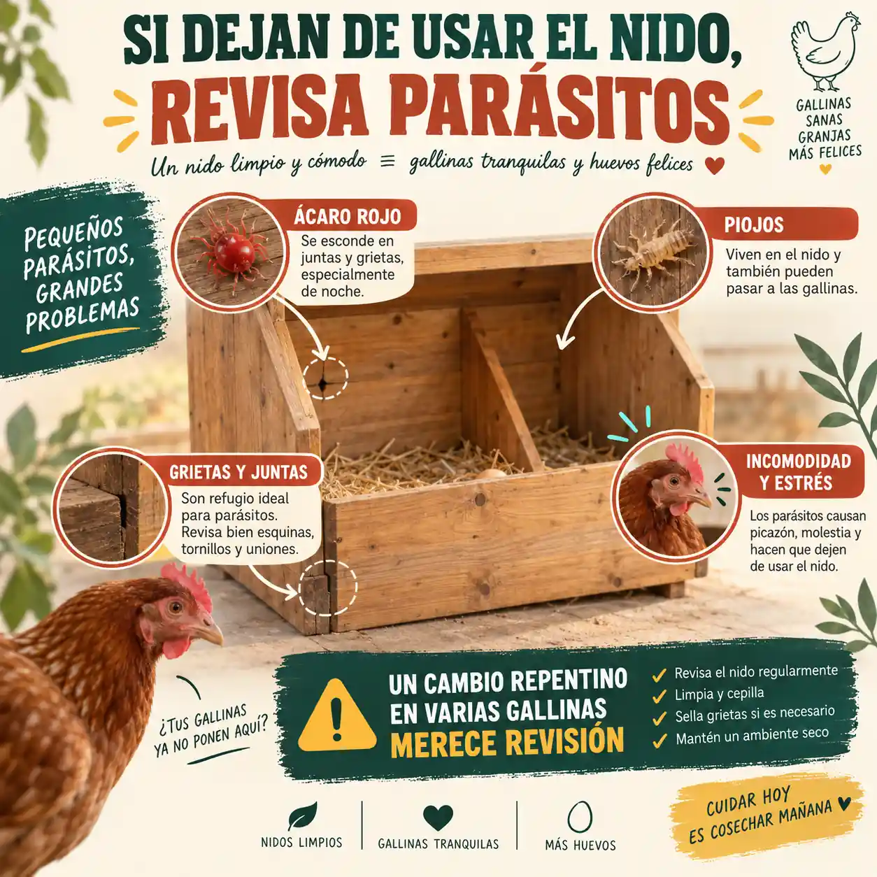 Ácaros y piojos escondidos en grietas de un ponedero para gallinas