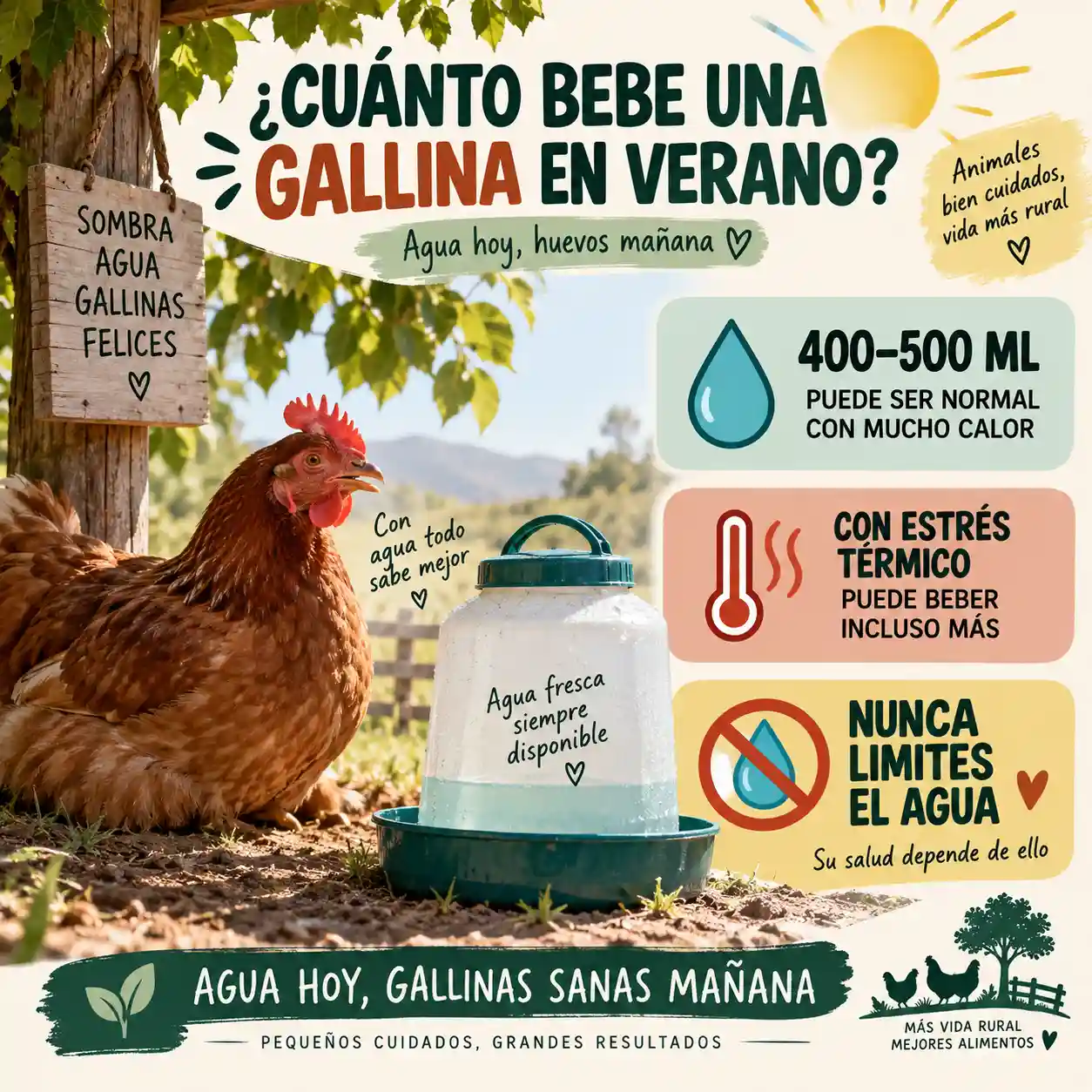 Consumo de agua de las gallinas en verano cerca de medio litro diario