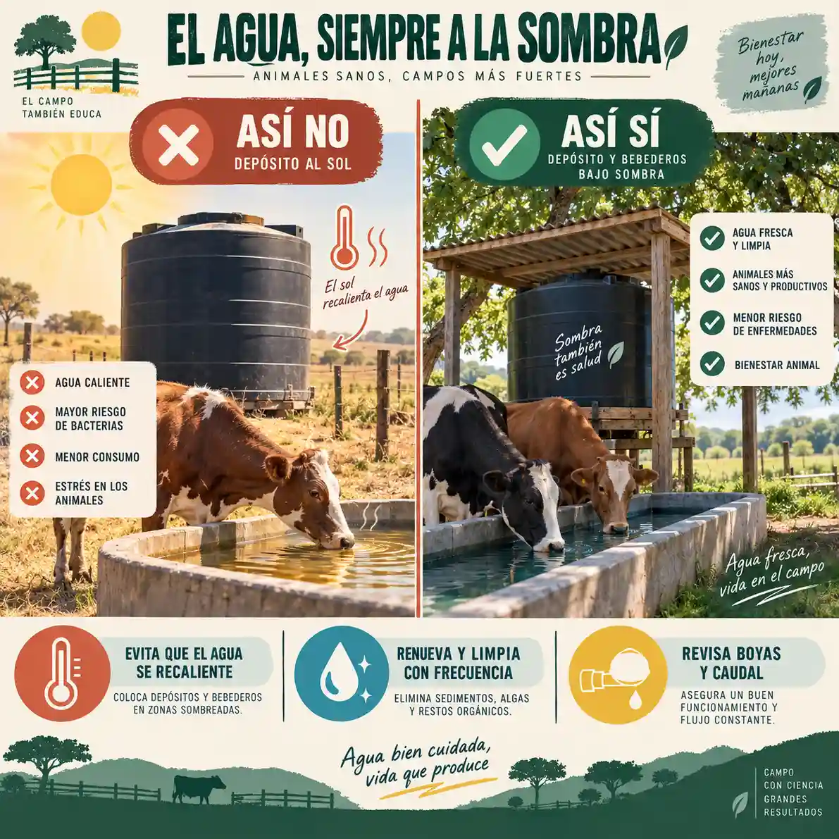 Bebederos y depósitos de agua para gallinas colocados bajo sombra en verano