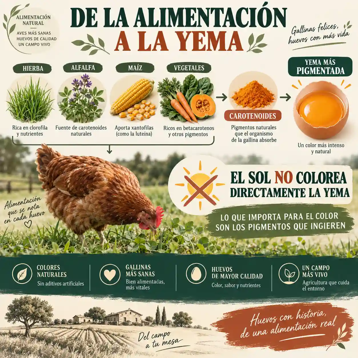 Infografía sobre cómo la alimentación de la gallina influye en el color de la yema