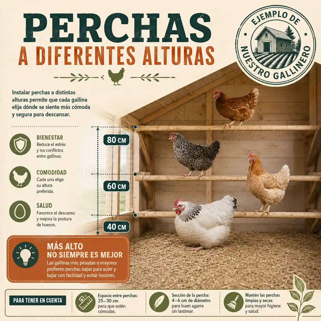 Infografía con ejemplo de perchas para gallinas situadas a 40, 60 y 80 centímetros