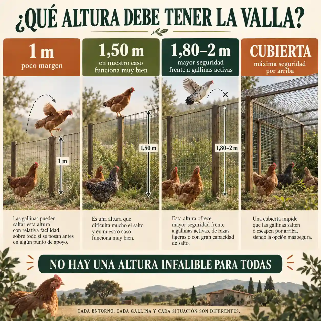 Infografía comparando distintas alturas de valla para gallinas