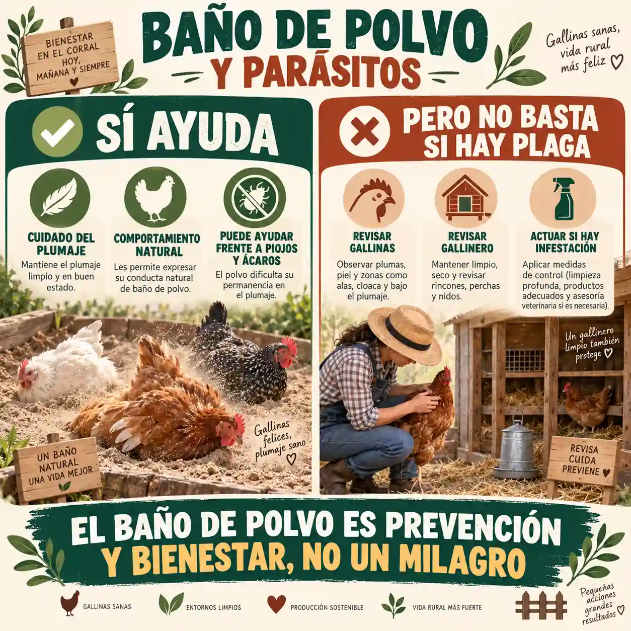 Relación entre baños de polvo de gallinas y piojos o ácaros