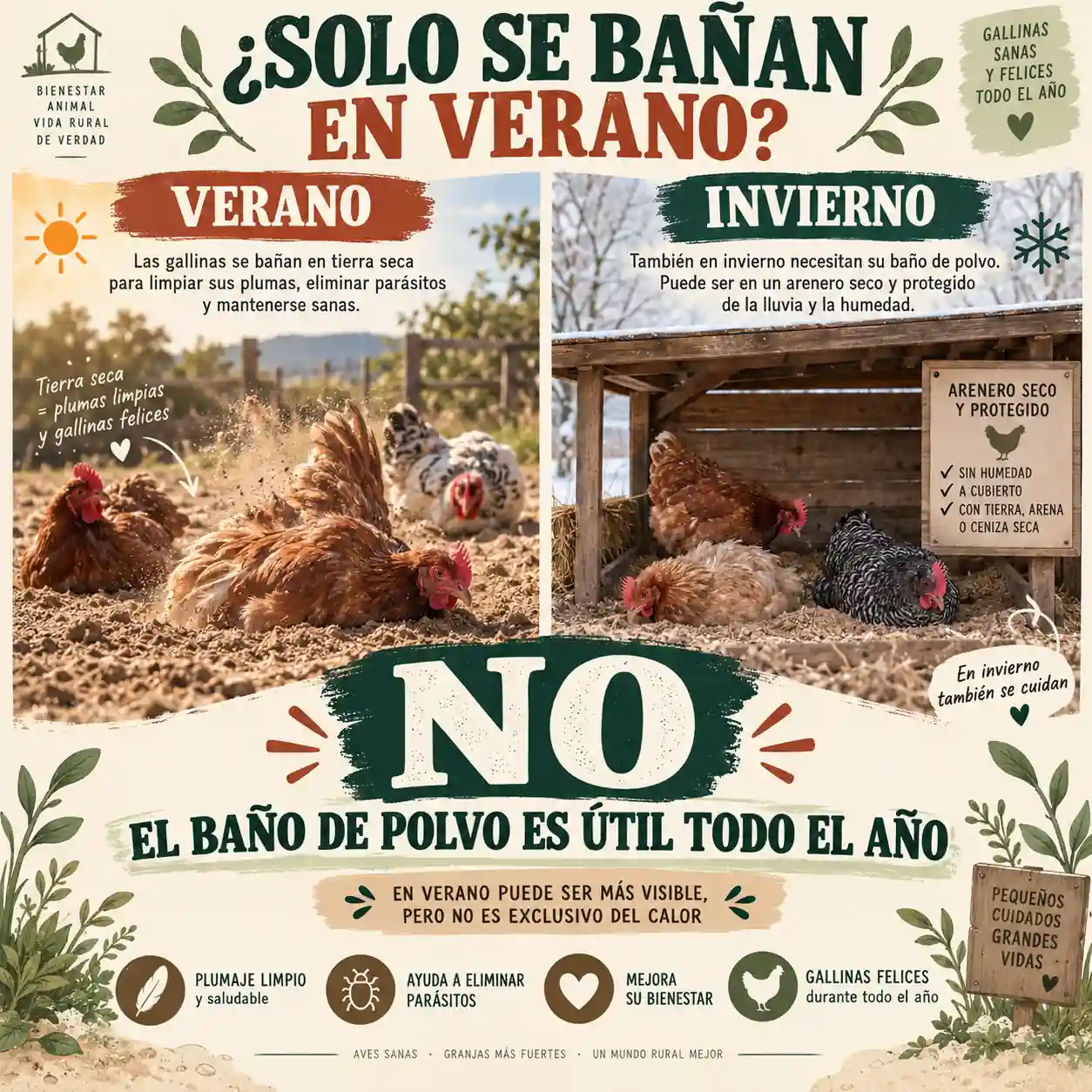 Gallinas dándose baños de polvo en verano e invierno
