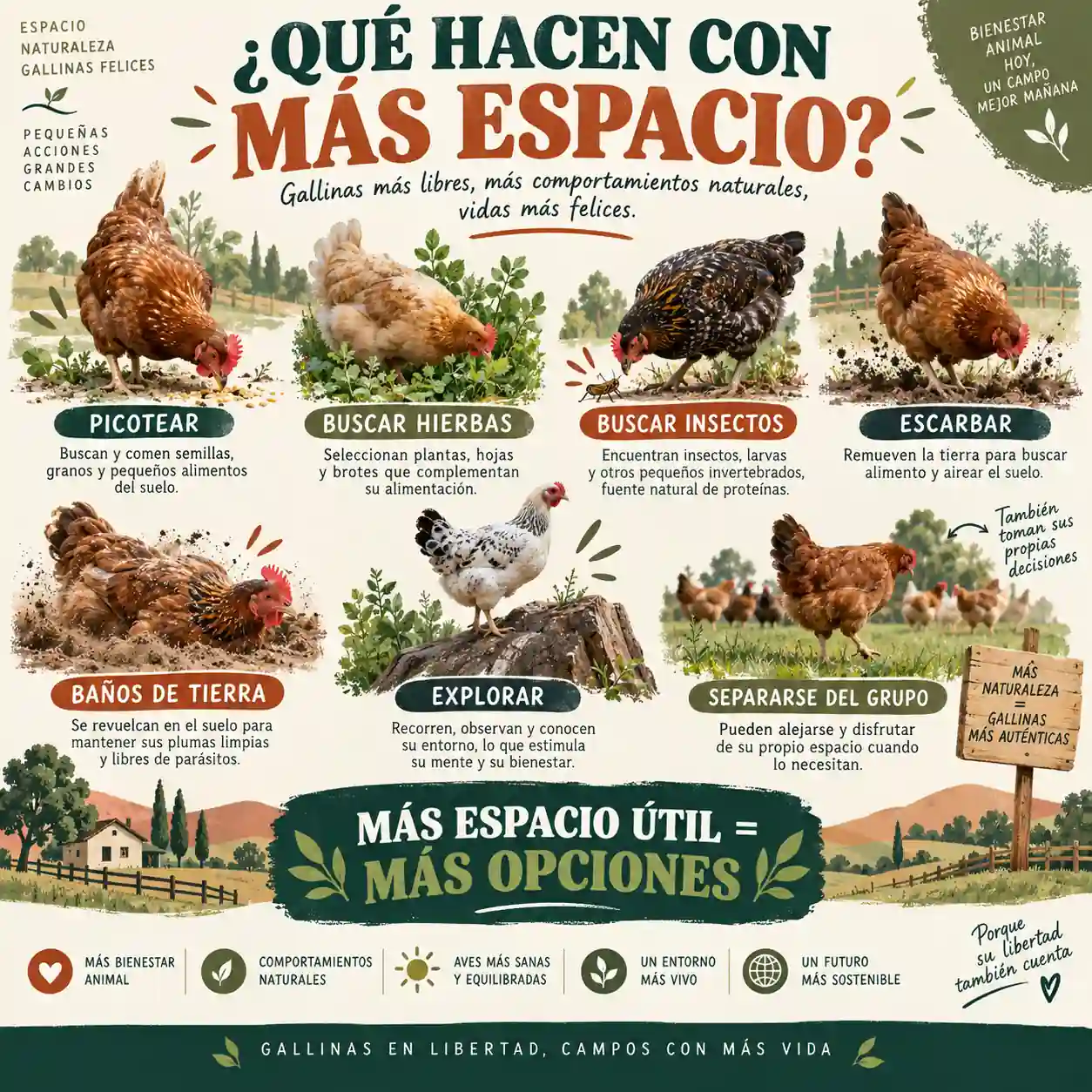 Infografía sobre beneficios del espacio exterior para gallinas camperas