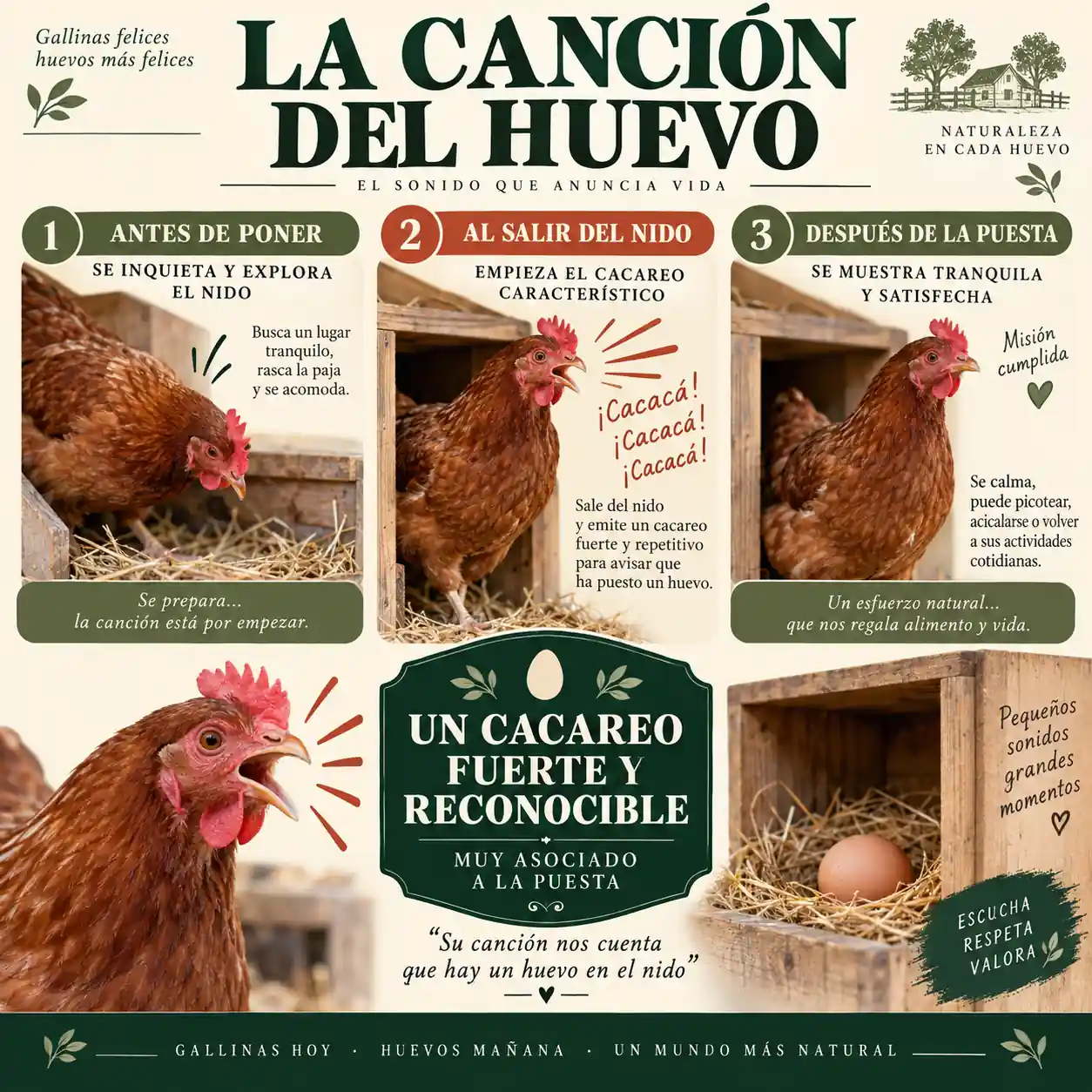Infografía sobre la canción del huevo de una gallina después de poner