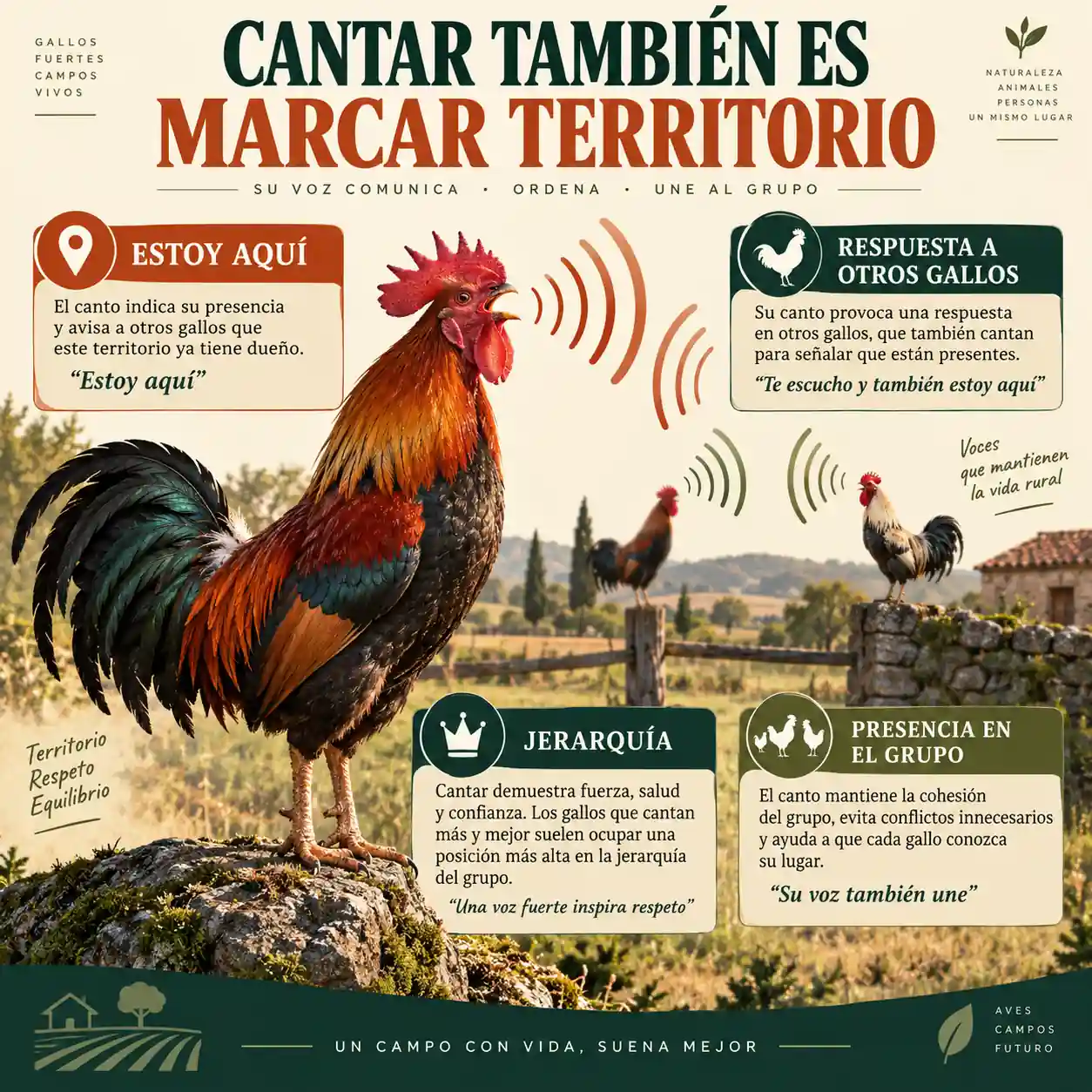 Infografía sobre el canto del gallo como señal territorial y de jerarquía