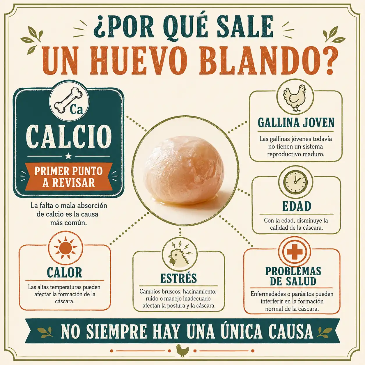 Infografía con causas de huevos blandos o sin cáscara en gallinas