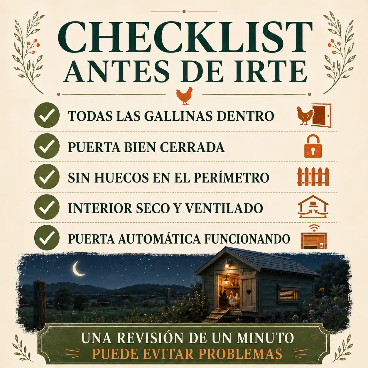 Checklist visual para revisar las gallinas antes de cerrar el gallinero por la noche