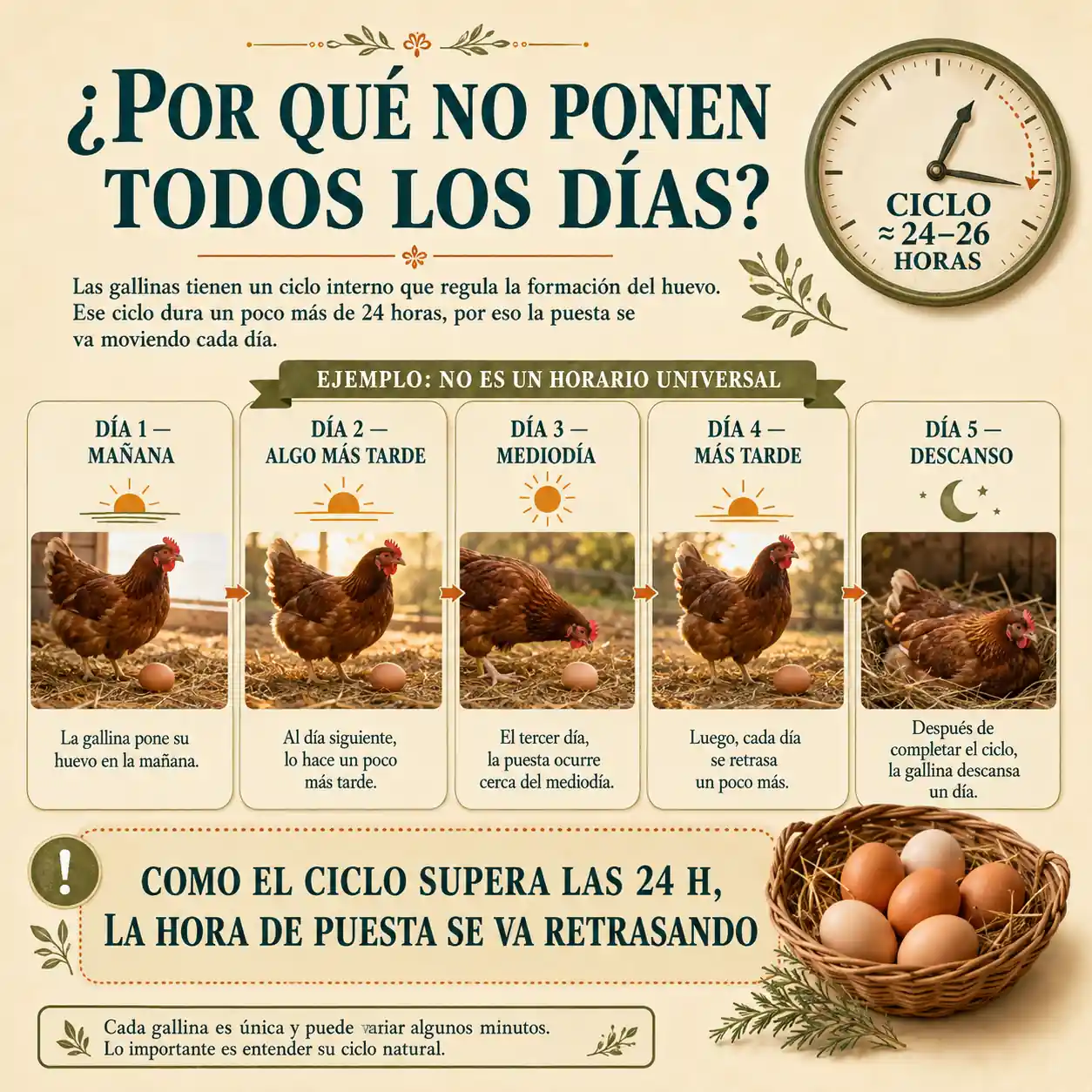 Infografía que explica por qué el ciclo de puesta se desplaza al durar más de 24 horas