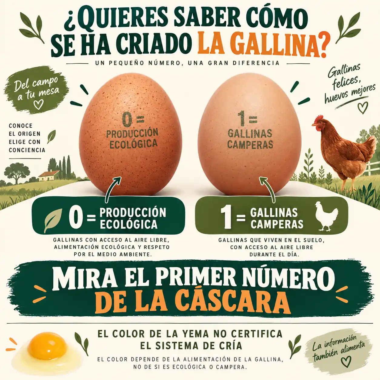 Infografía explicando que el código 0 identifica huevos ecológicos y el 1 huevos camperos