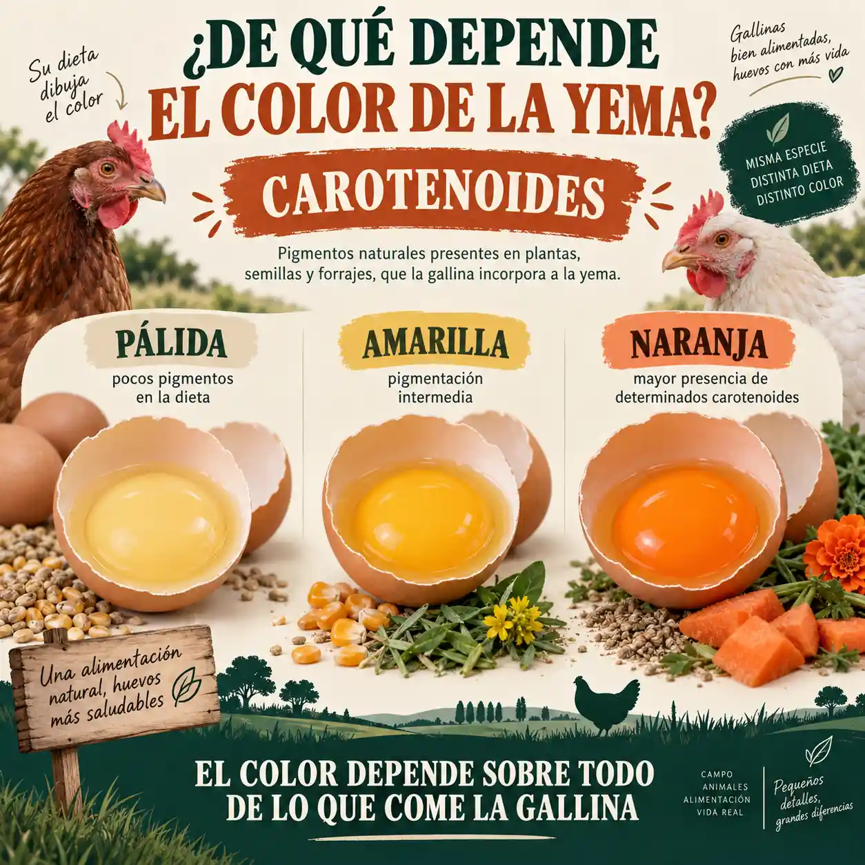 Comparación entre yema pálida amarilla y naranja según la pigmentación de la dieta