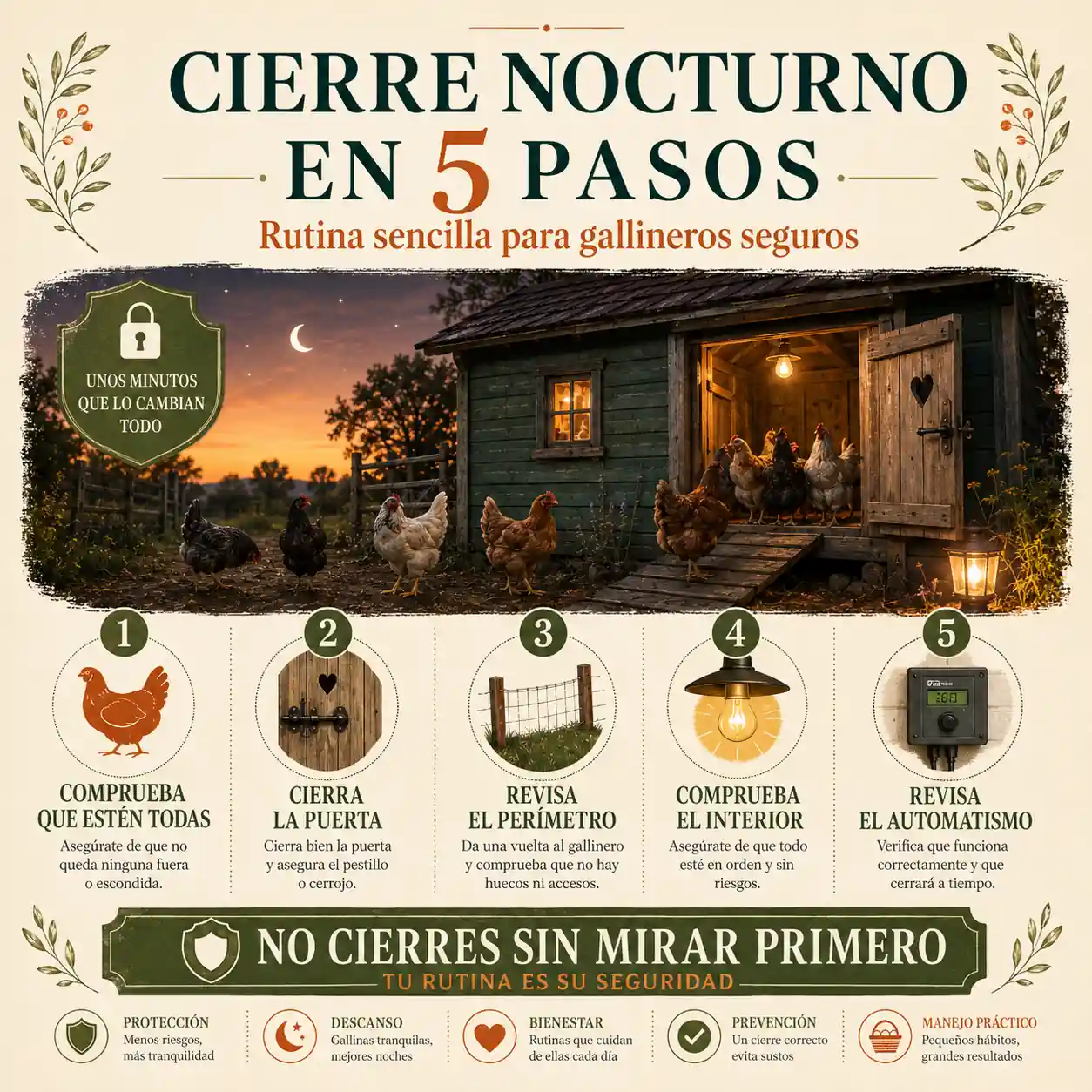 Infografía sobre cómo cerrar un gallinero de forma segura por la noche
