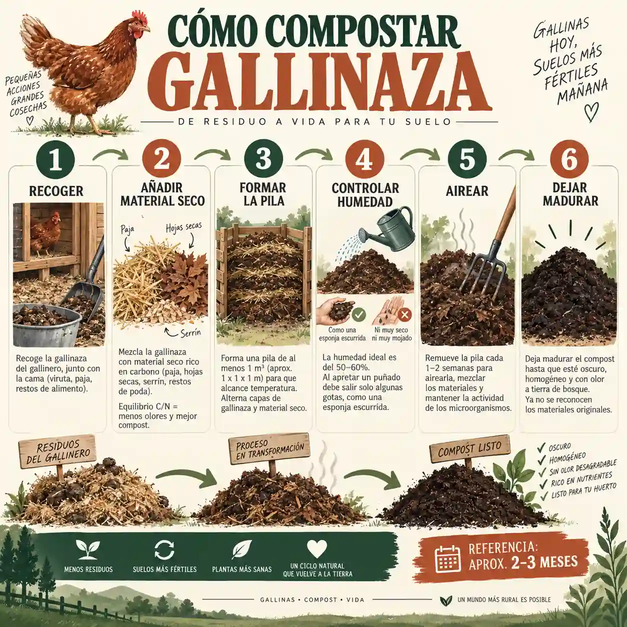 Infografía sobre cómo compostar gallinaza paso a paso para utilizarla en el huerto