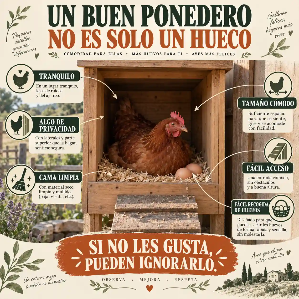 Infografía sobre cómo debe ser y dónde colocar un ponedero para gallinas