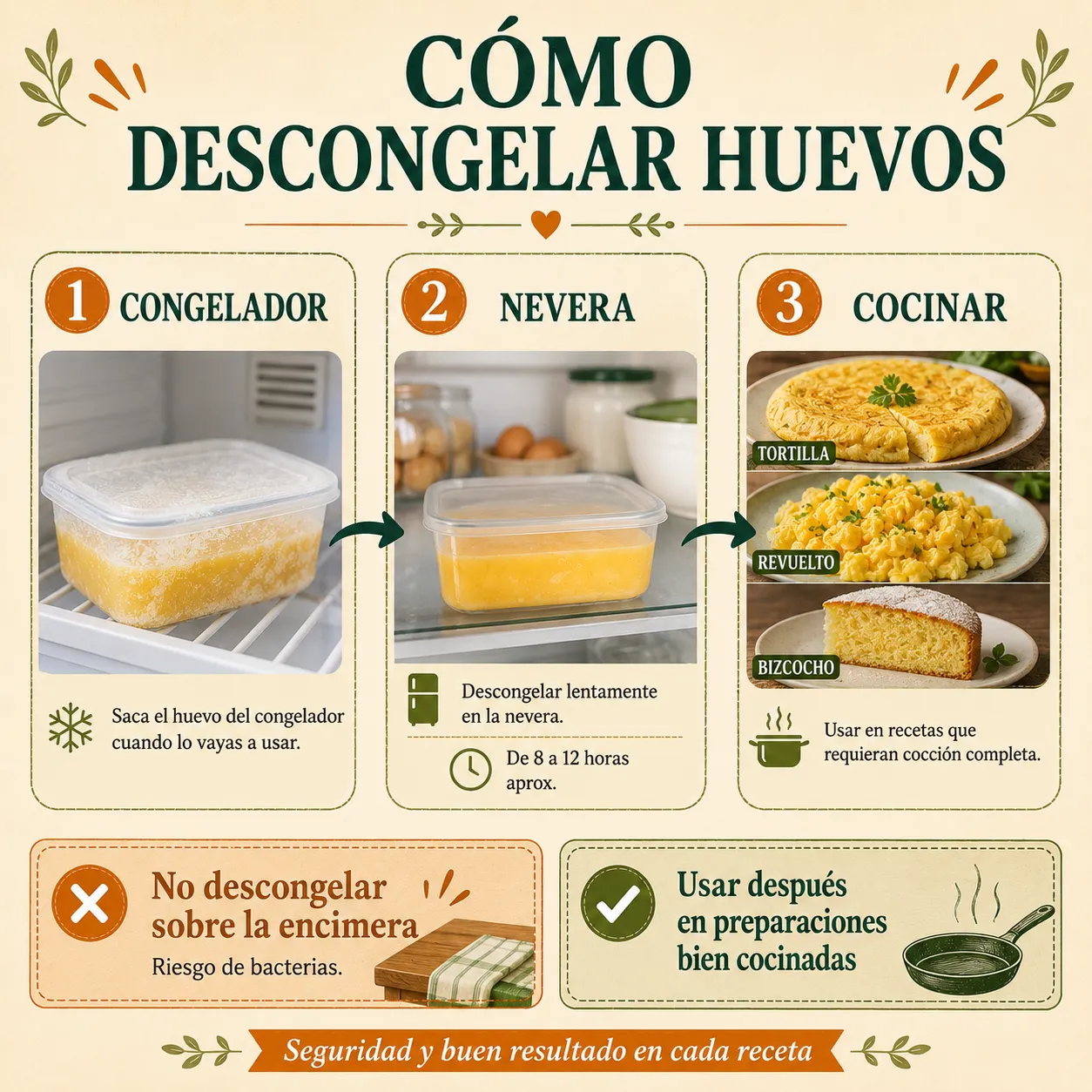 Infografía sobre cómo descongelar huevos correctamente en la nevera
