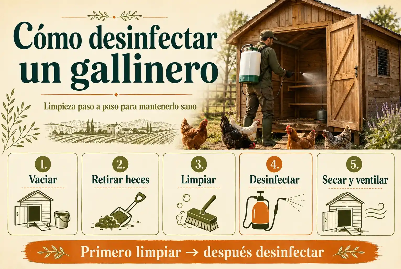 Cómo desinfectar un gallinero paso a paso y mantenerlo limpio
