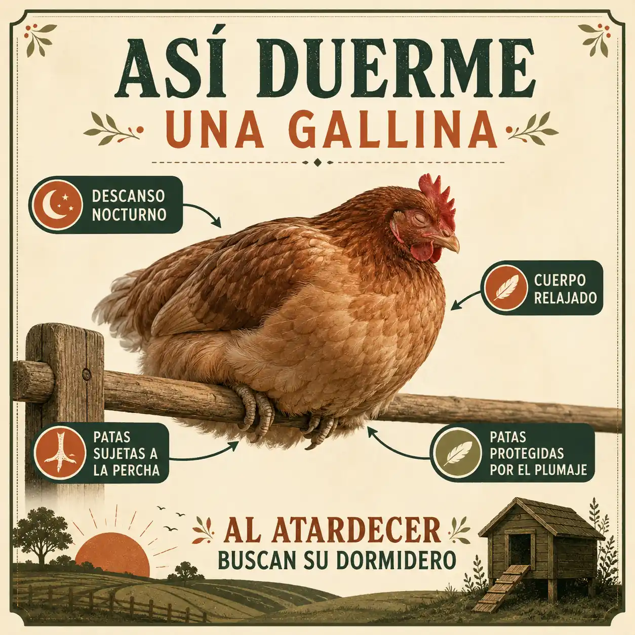 Infografía sobre cómo duerme una gallina subida a una percha