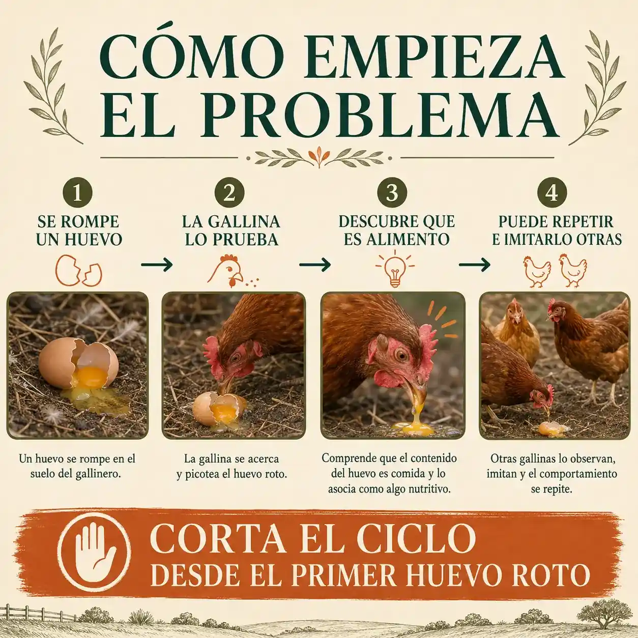 Infografía sobre cómo empieza una gallina a comerse sus propios huevos