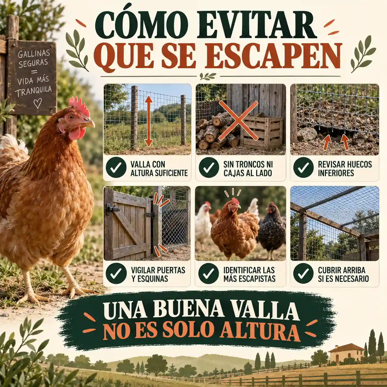 Infografía con consejos para evitar que las gallinas escapen del cercado