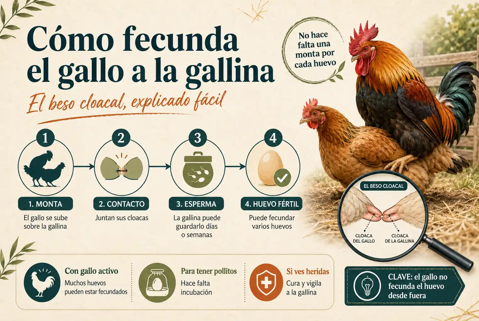 Cómo fecunda el gallo a la gallina: explicación sencilla del beso cloacal