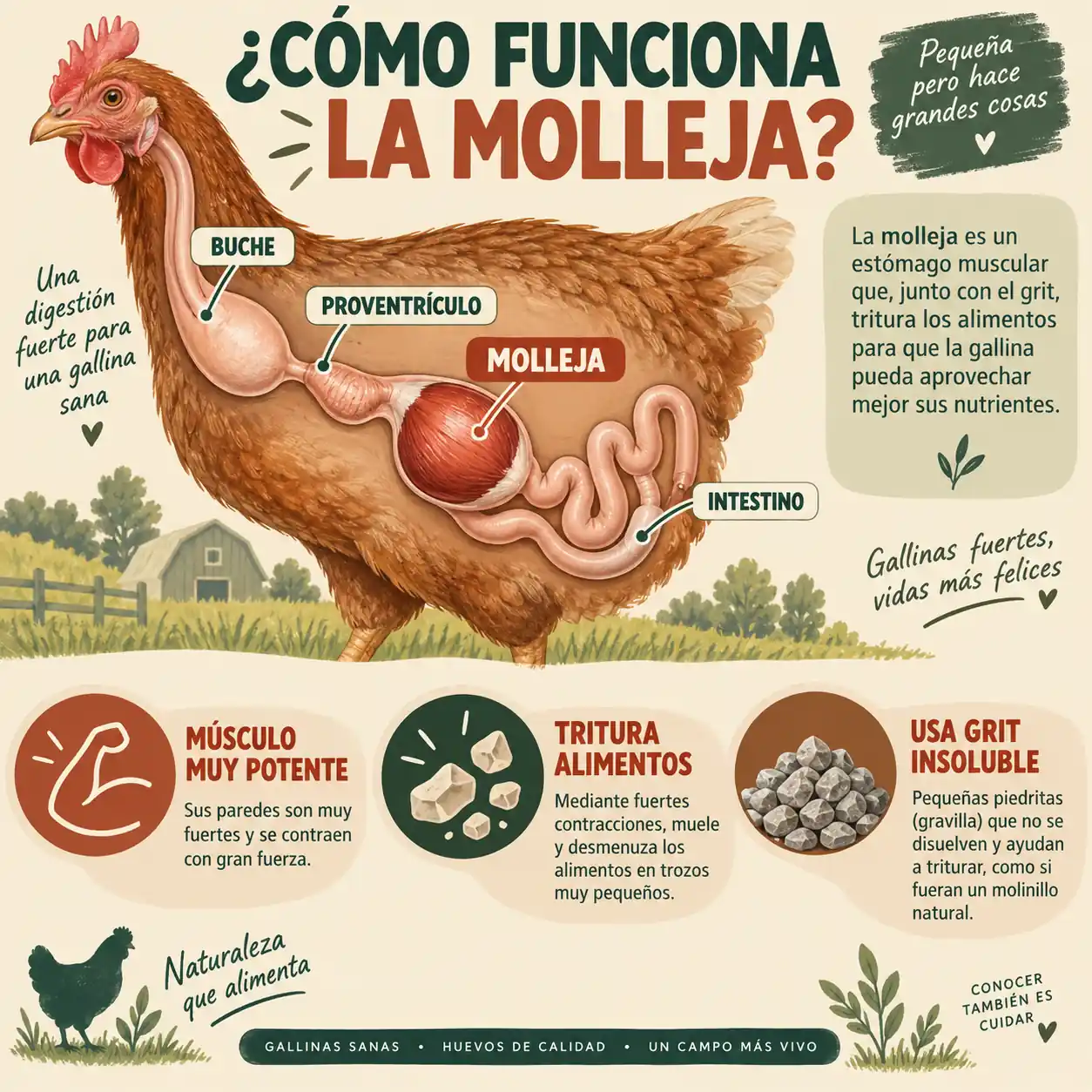 Esquema de cómo funciona la molleja de una gallina