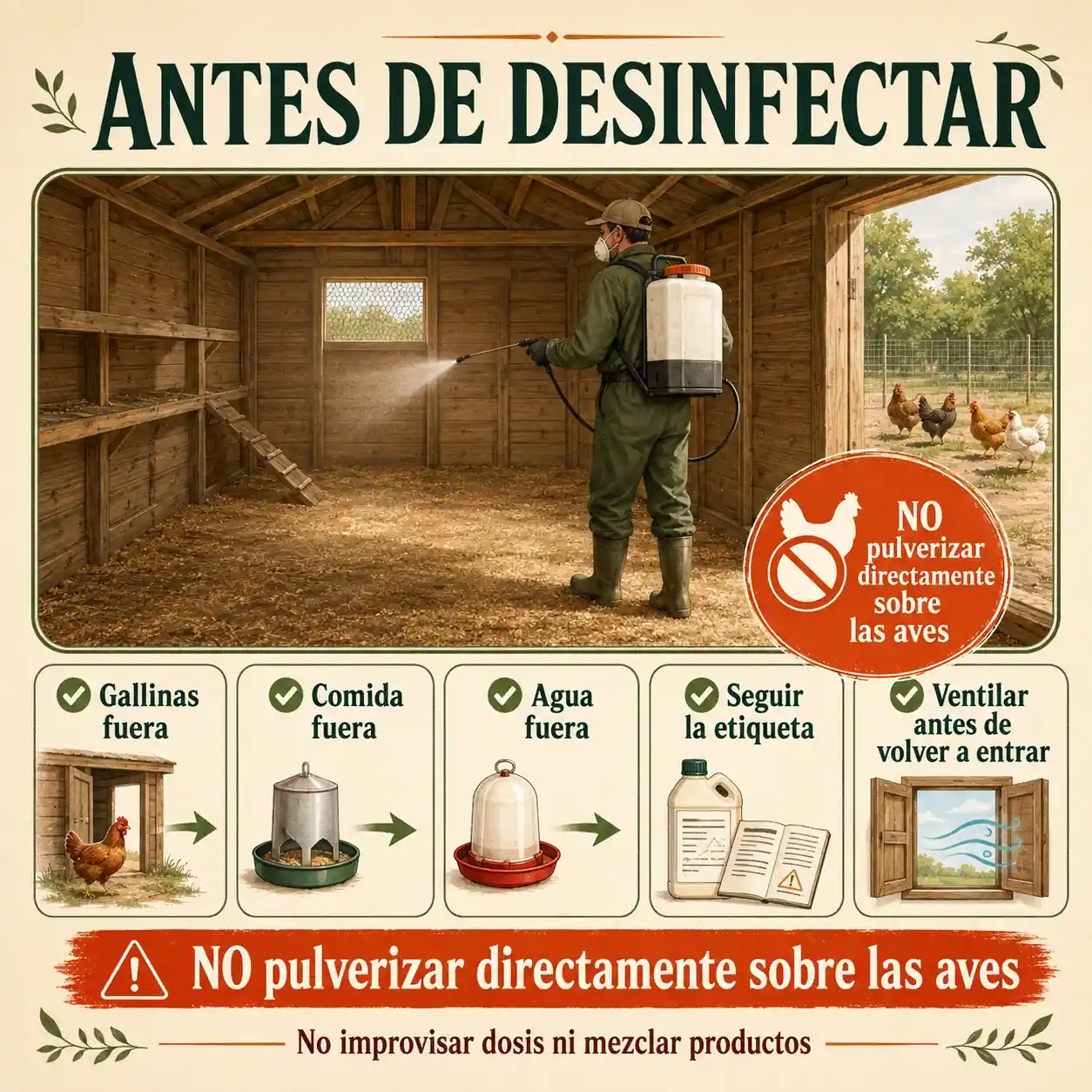 Infografía para aplicar desinfectante de forma segura en un gallinero