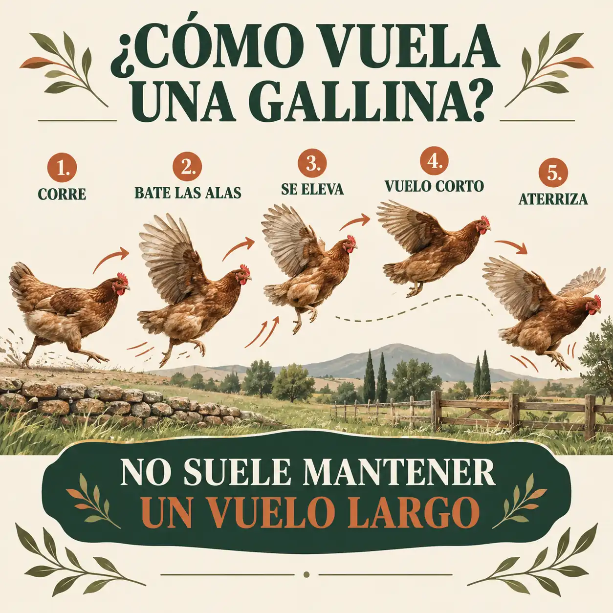 Infografía sobre cómo vuelan las gallinas mediante vuelos cortos y saltos ayudados por las alas