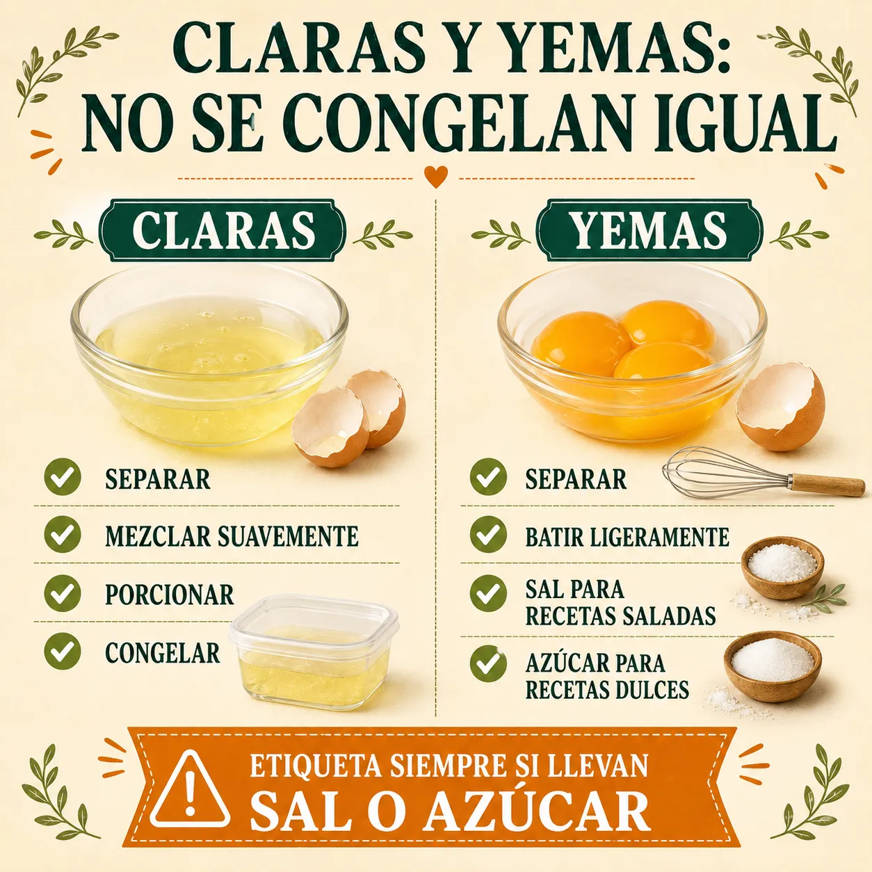 Infografía para congelar claras y yemas de huevo por separado