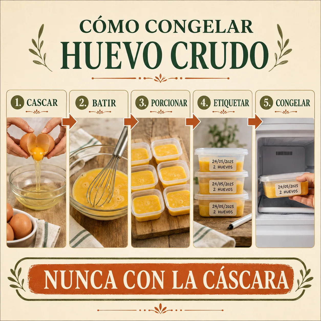 Infografía paso a paso para congelar huevo crudo