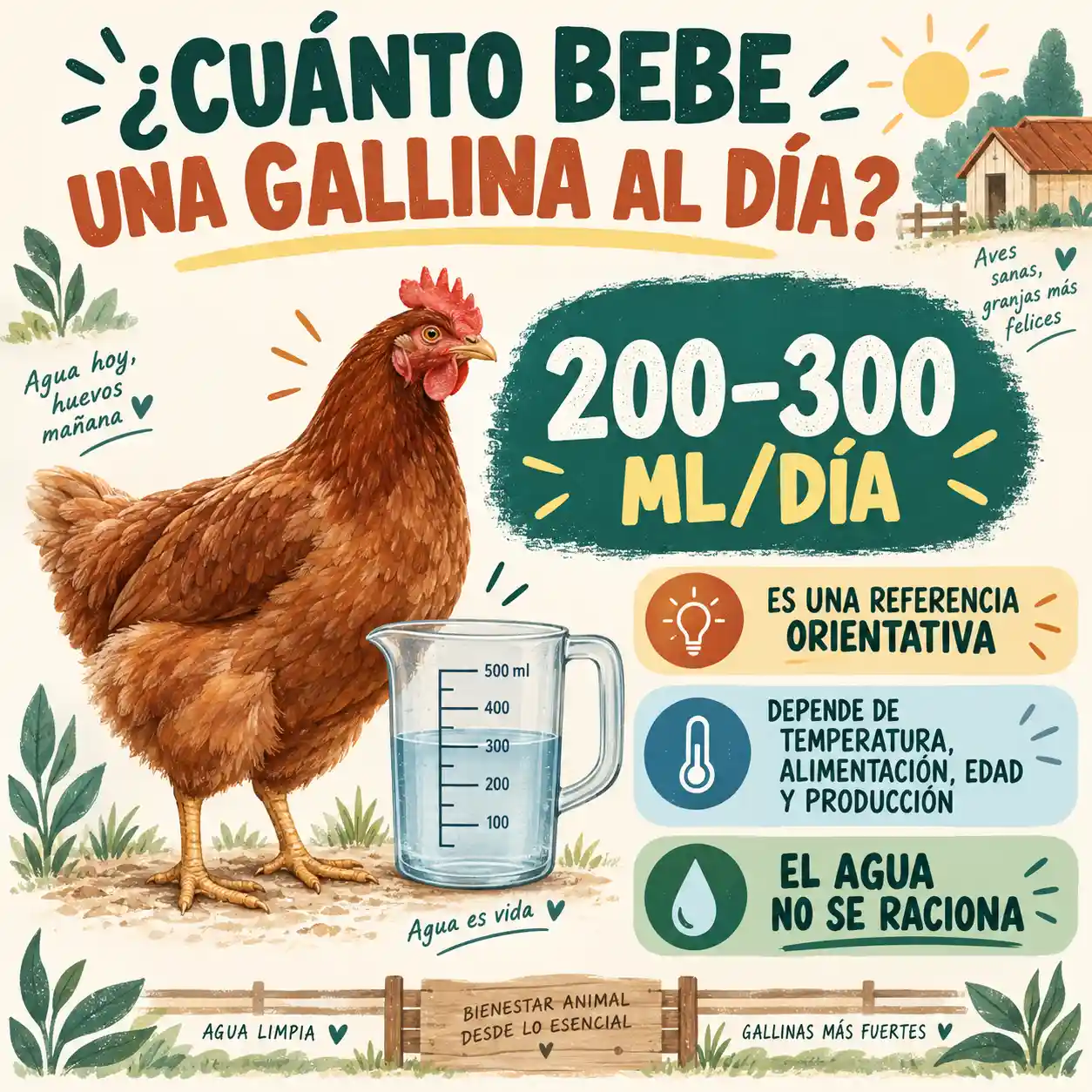 Consumo diario de agua de una gallina adulta entre 200 y 300 mililitros