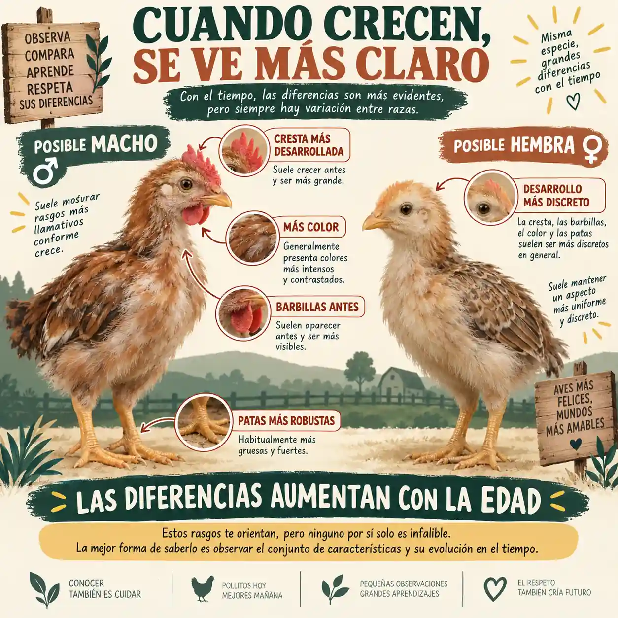 Diferencias de cresta entre un pollito macho y una hembra conforme crecen