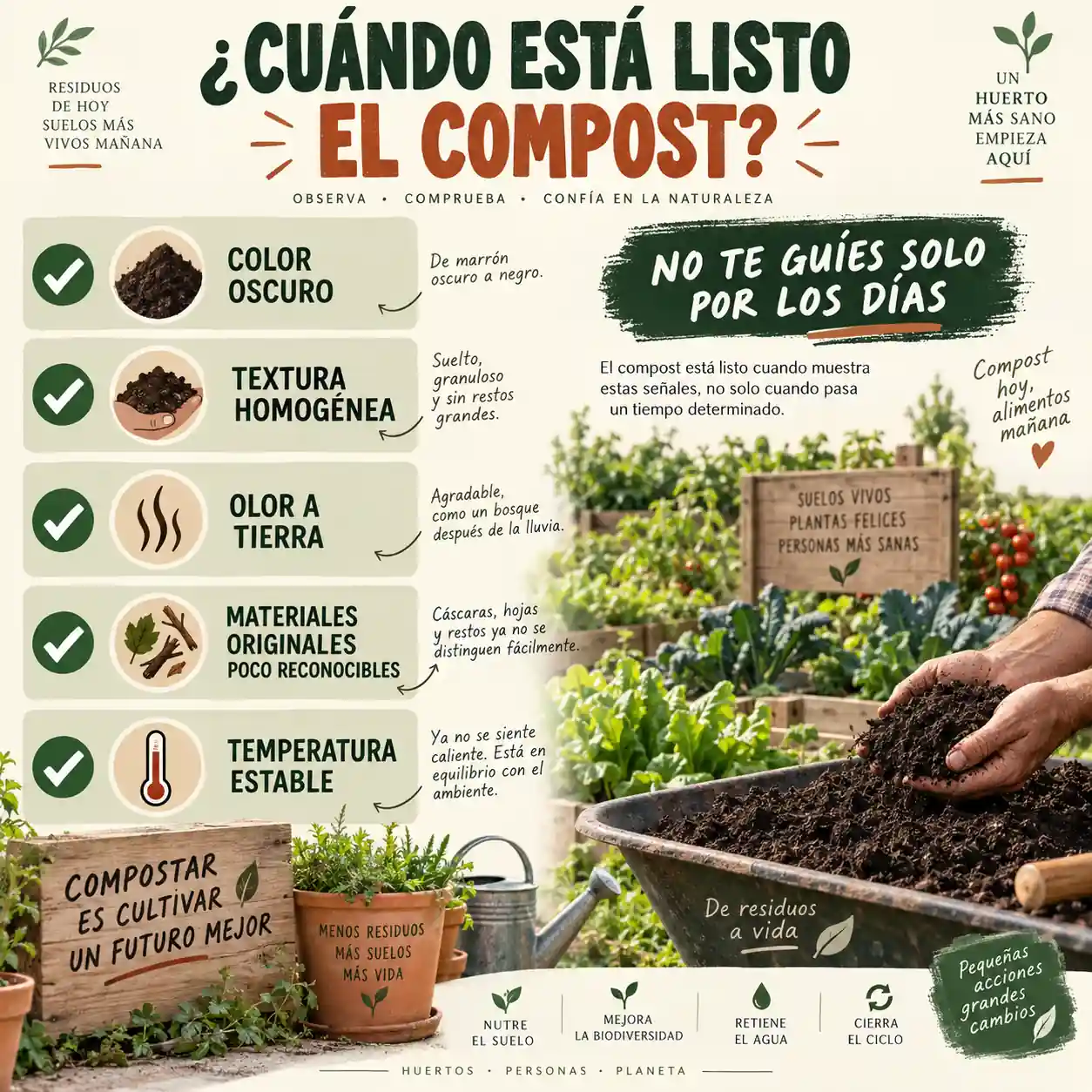 Infografía con señales para reconocer cuándo el compost de gallinaza está maduro