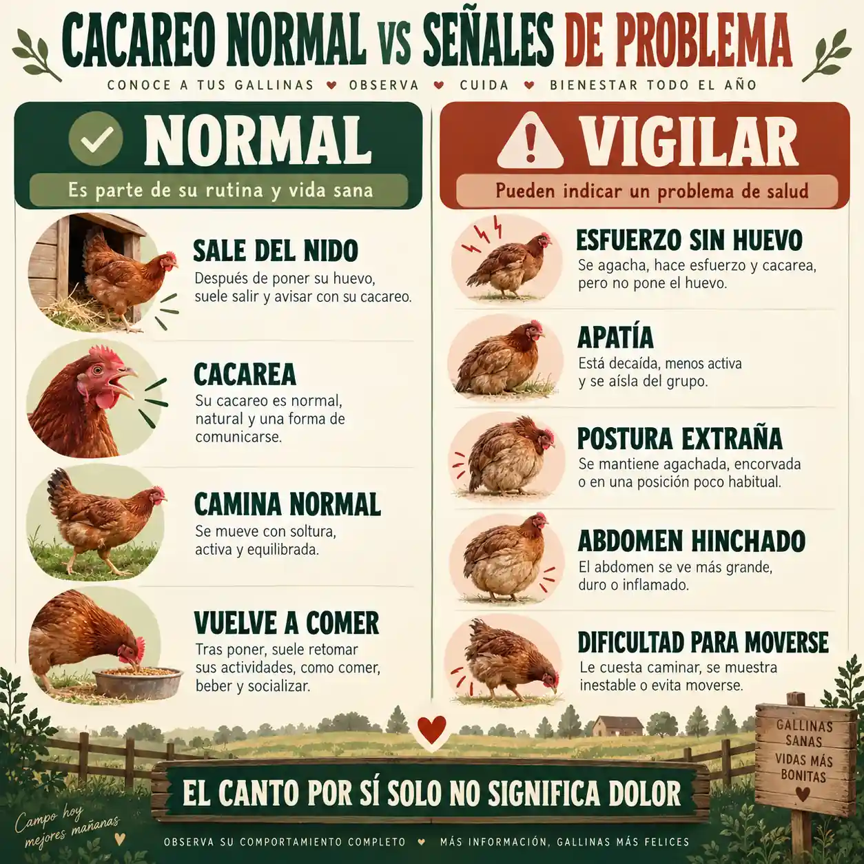 Infografía sobre canto normal después de poner frente a signos de problemas durante la puesta