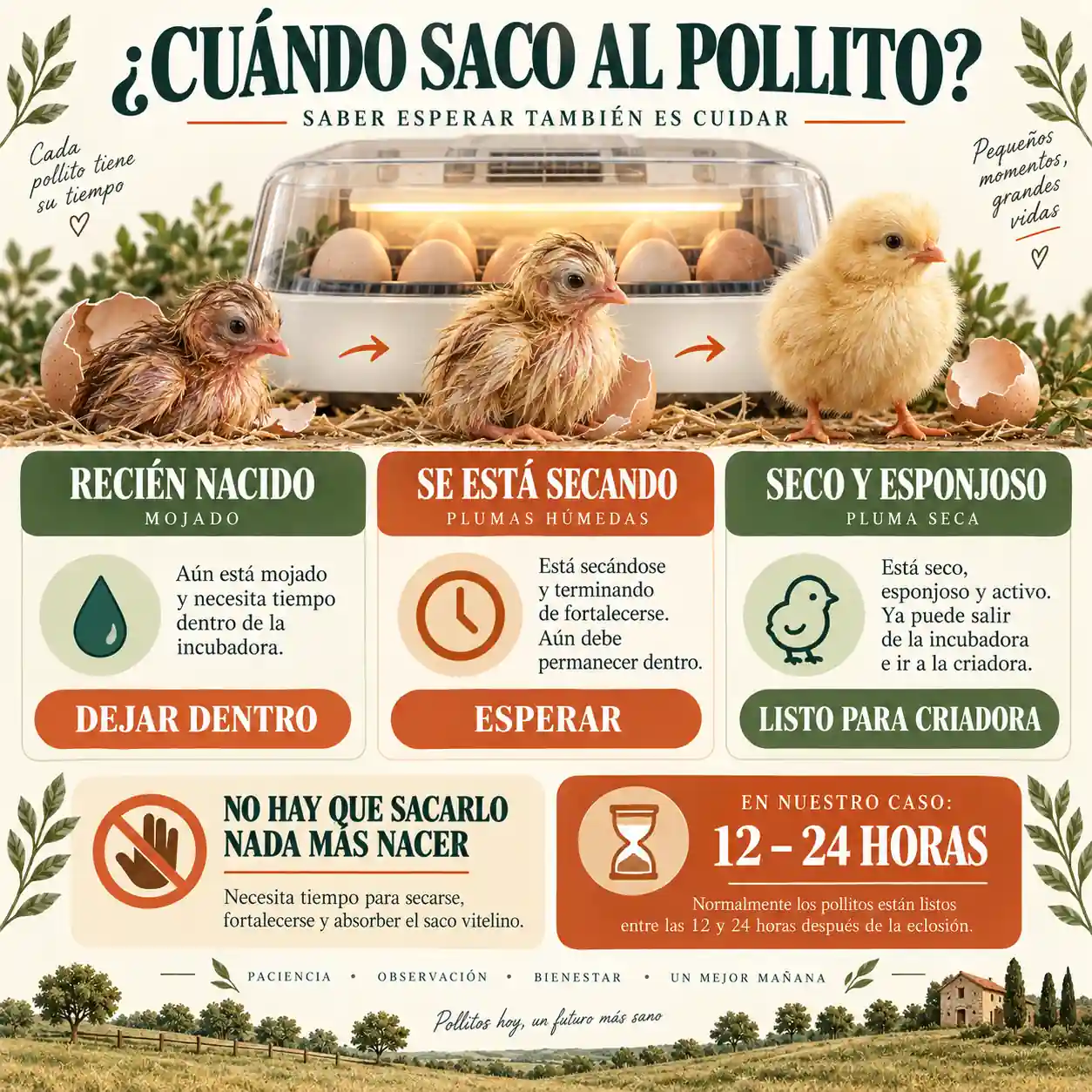 Infografía sobre cuándo sacar un pollito recién nacido de la incubadora