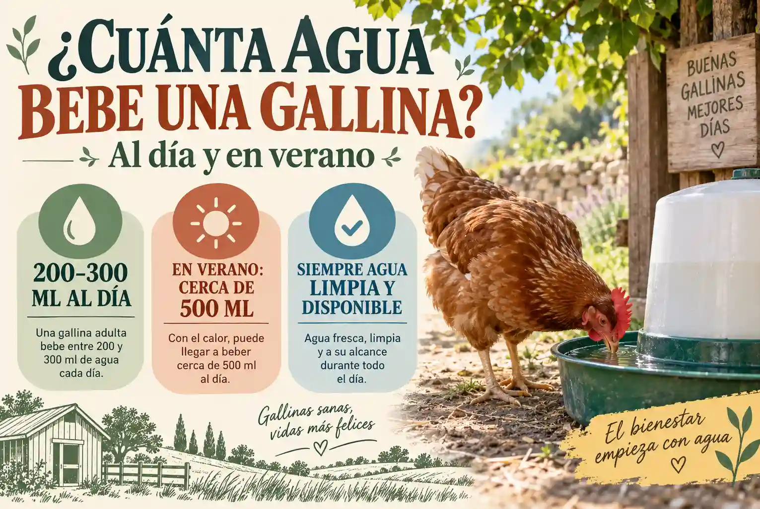 Cuánta agua bebe una gallina al día y en verano