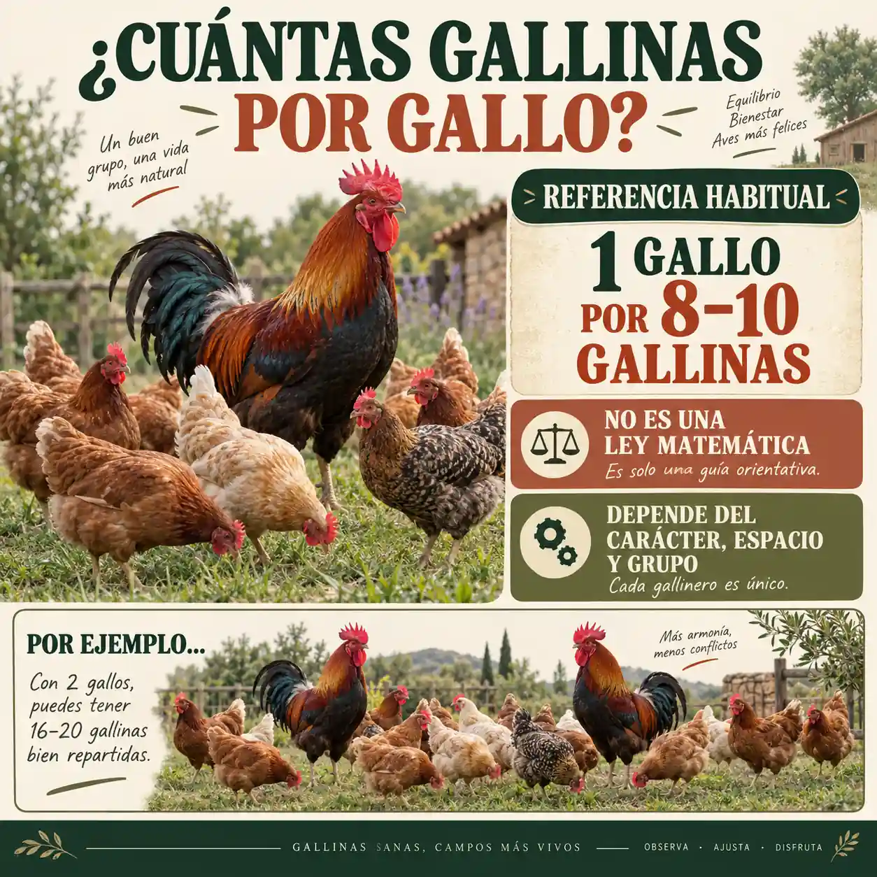 Infografía con proporción orientativa de gallinas por gallo