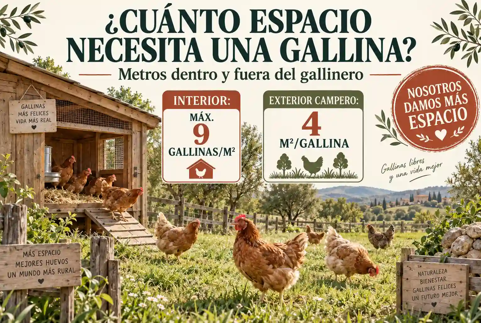 ¿Cuánto espacio necesita una gallina? Metros dentro y fuera del gallinero