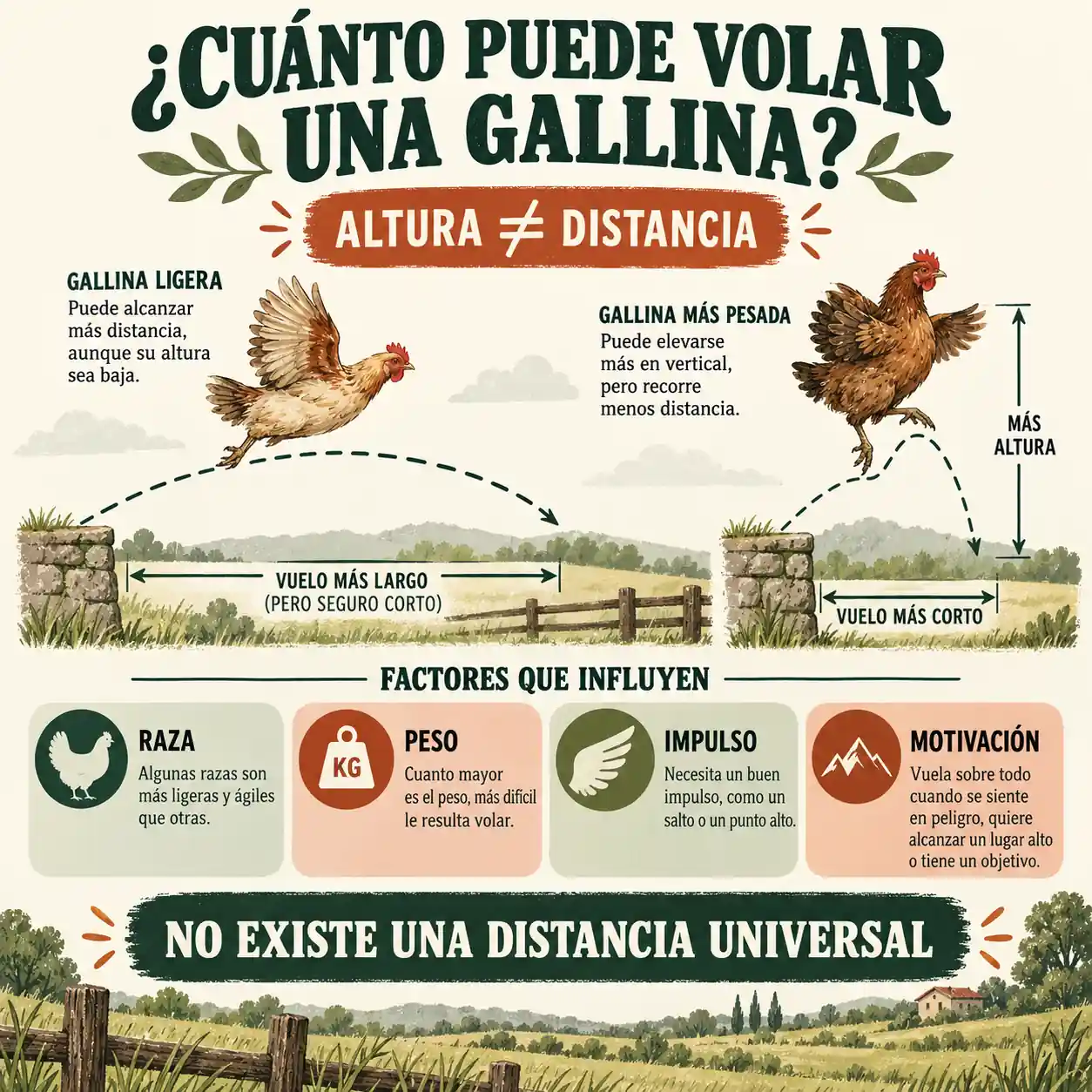 Infografía sobre cuánto puede volar y elevarse una gallina