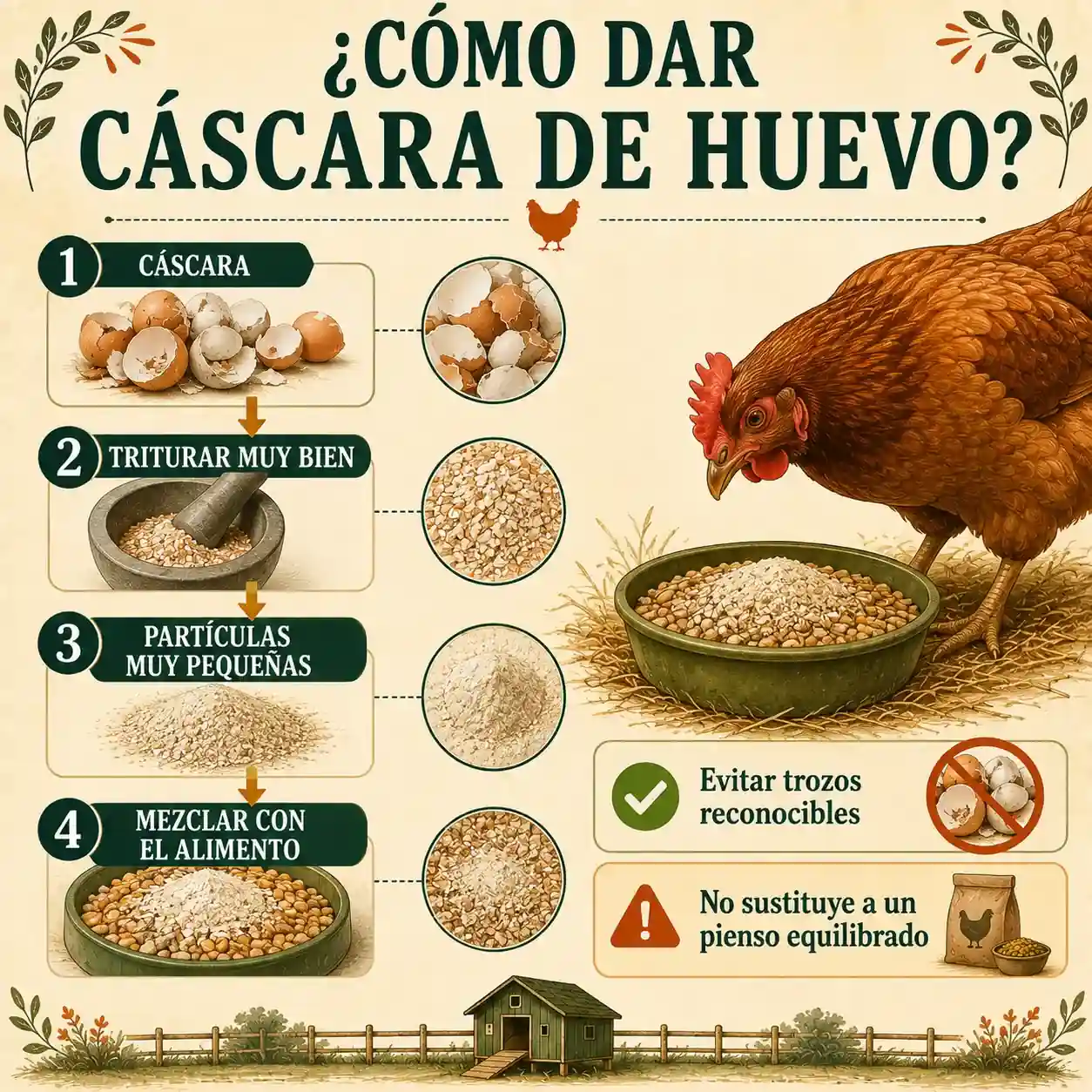 Infografía sobre cómo preparar cáscara de huevo para las gallinas
