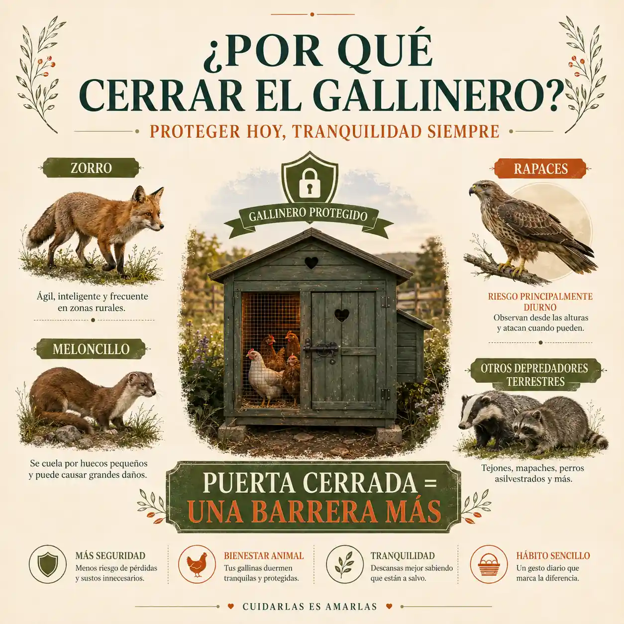 Infografía sobre depredadores y riesgos alrededor de un gallinero por la noche