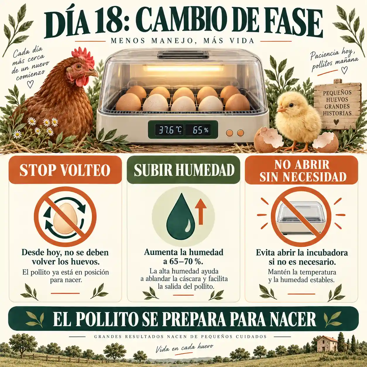 Infografía sobre qué hacer el día 18 de incubación de huevos de gallina