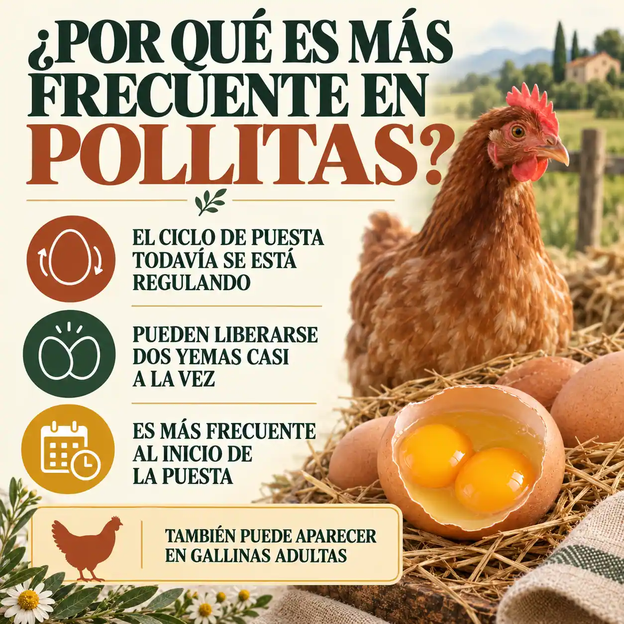 Huevos de doble yema en pollitas jóvenes al inicio de la puesta