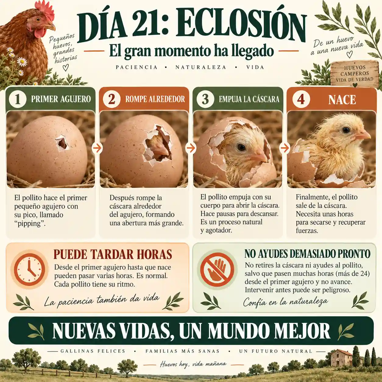 Infografía sobre la eclosión de un pollito alrededor del día 21