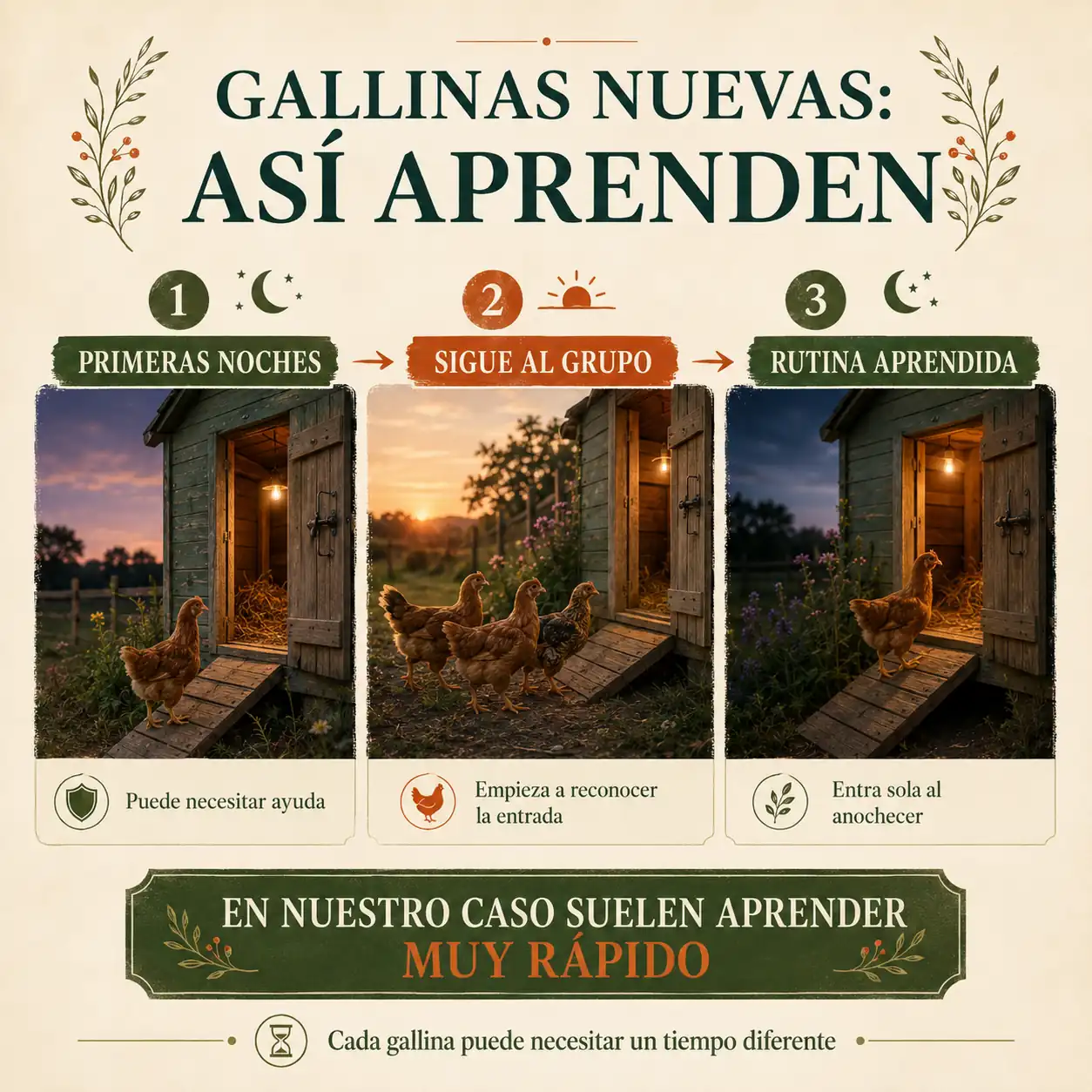 Infografía sobre cómo acostumbrar gallinas nuevas a entrar en el gallinero por la noche