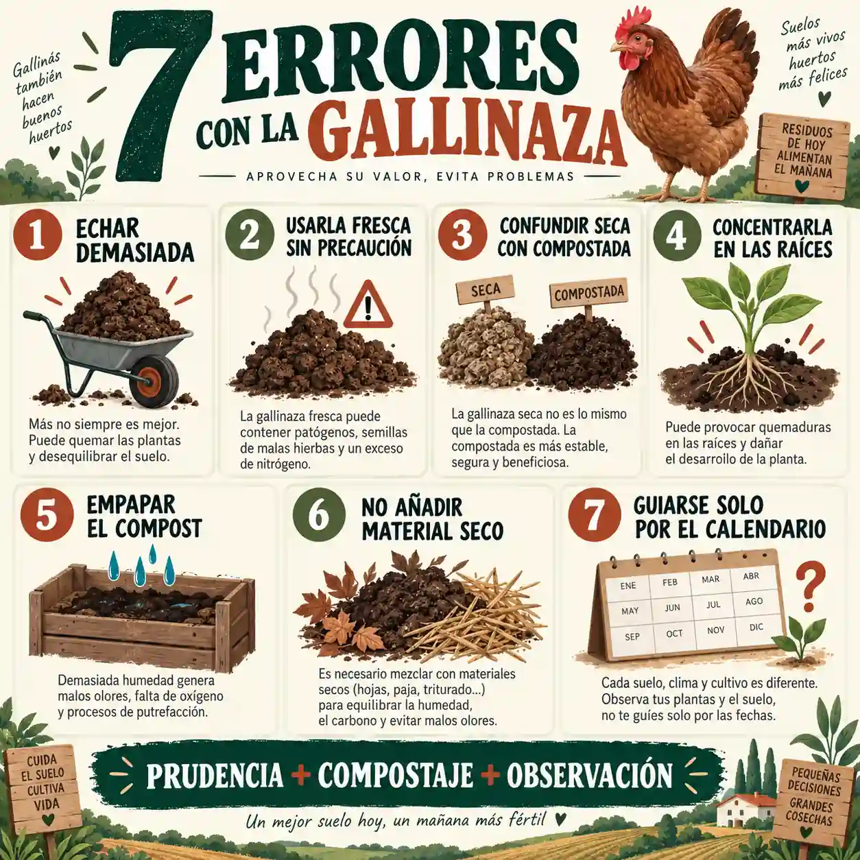 Infografía con errores frecuentes al utilizar gallinaza en el huerto