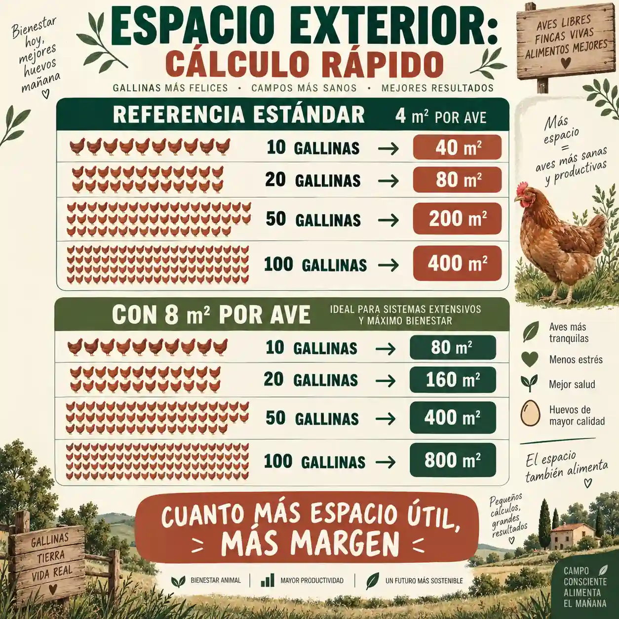 Infografía con espacio exterior para 10 20 50 y 100 gallinas